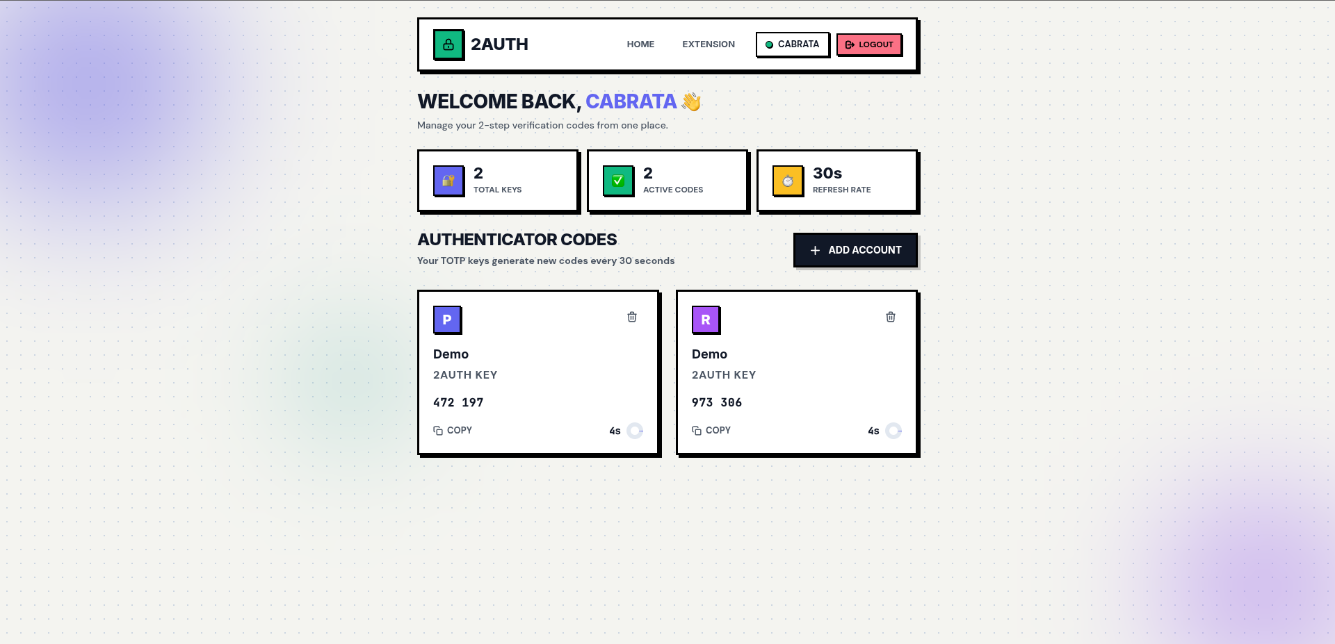 2Auth Chrome Extension Dashboard Interface Preview